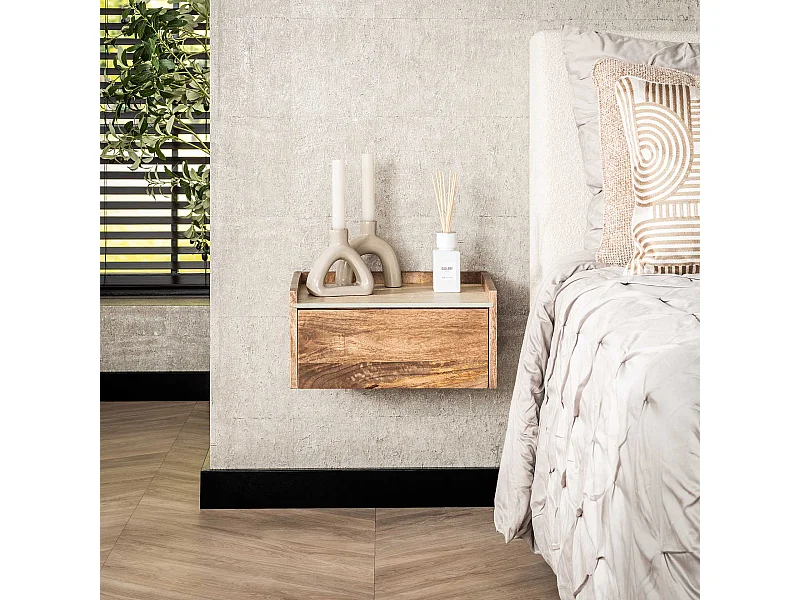 Table de chevet suspendue Nuovo Travertine - Mangue massif couleur sable