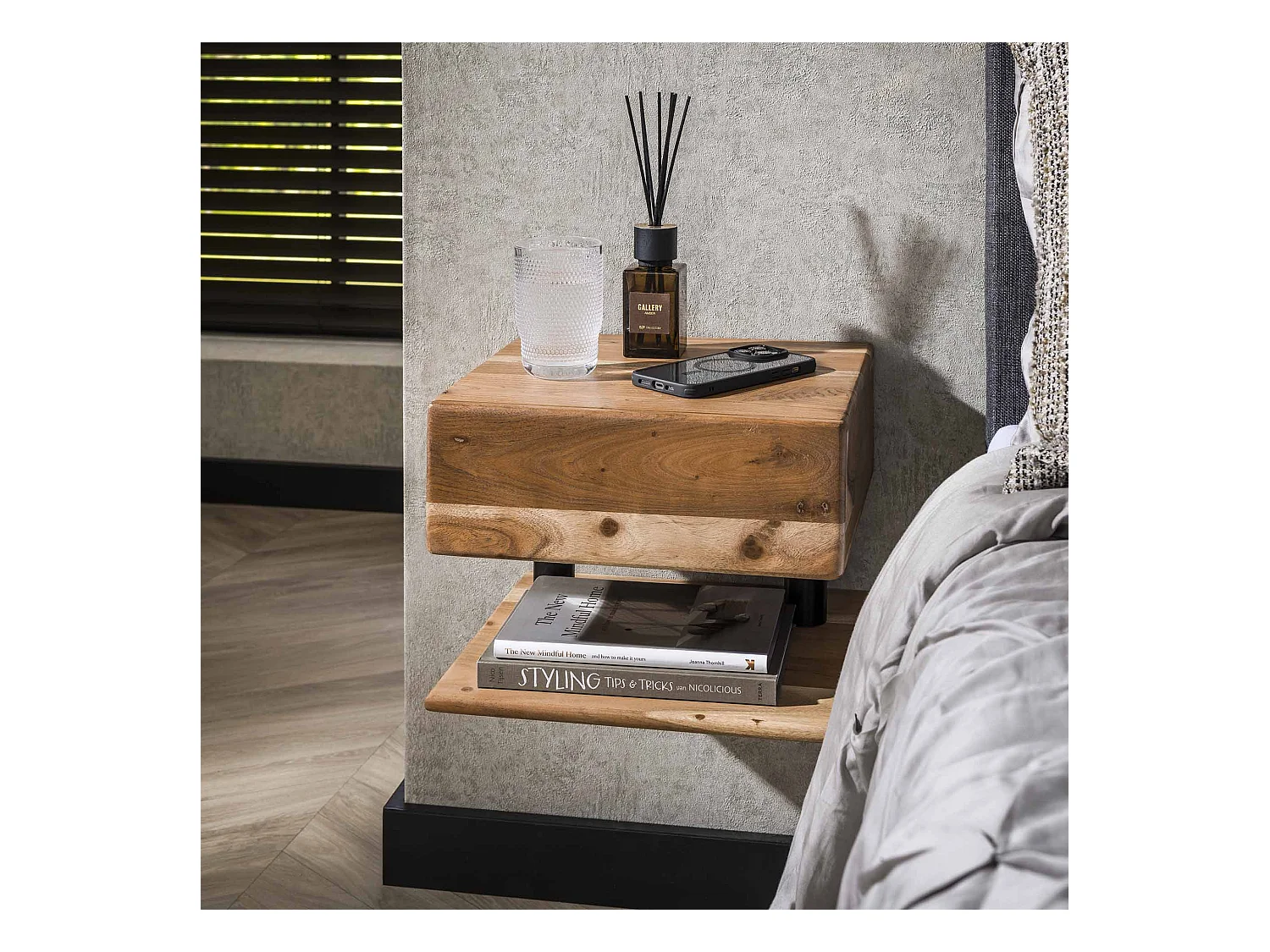 Table de chevet 1L Étagère - Acacia massif Naturel