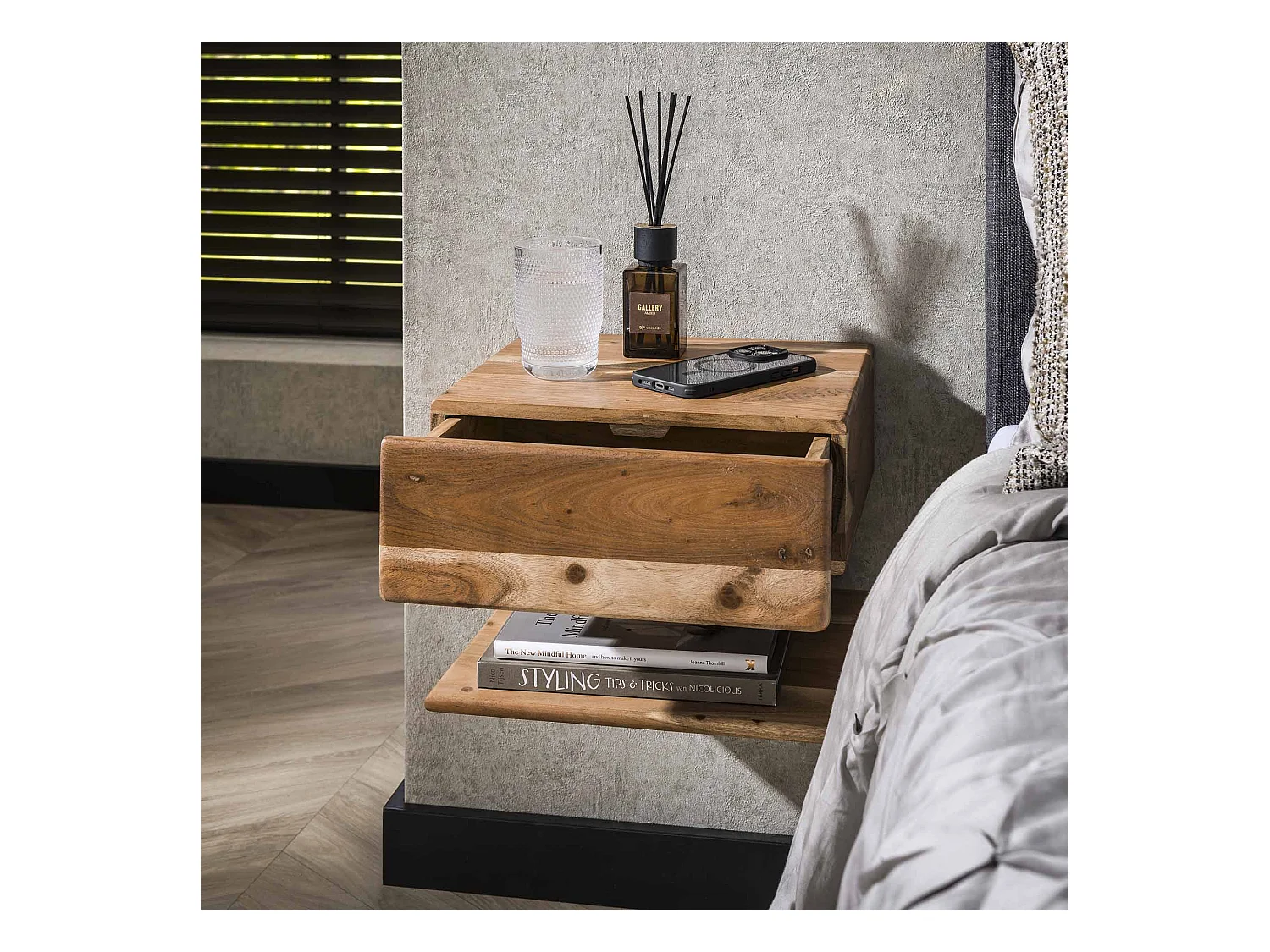 Table de chevet 1L Étagère - Acacia massif Naturel