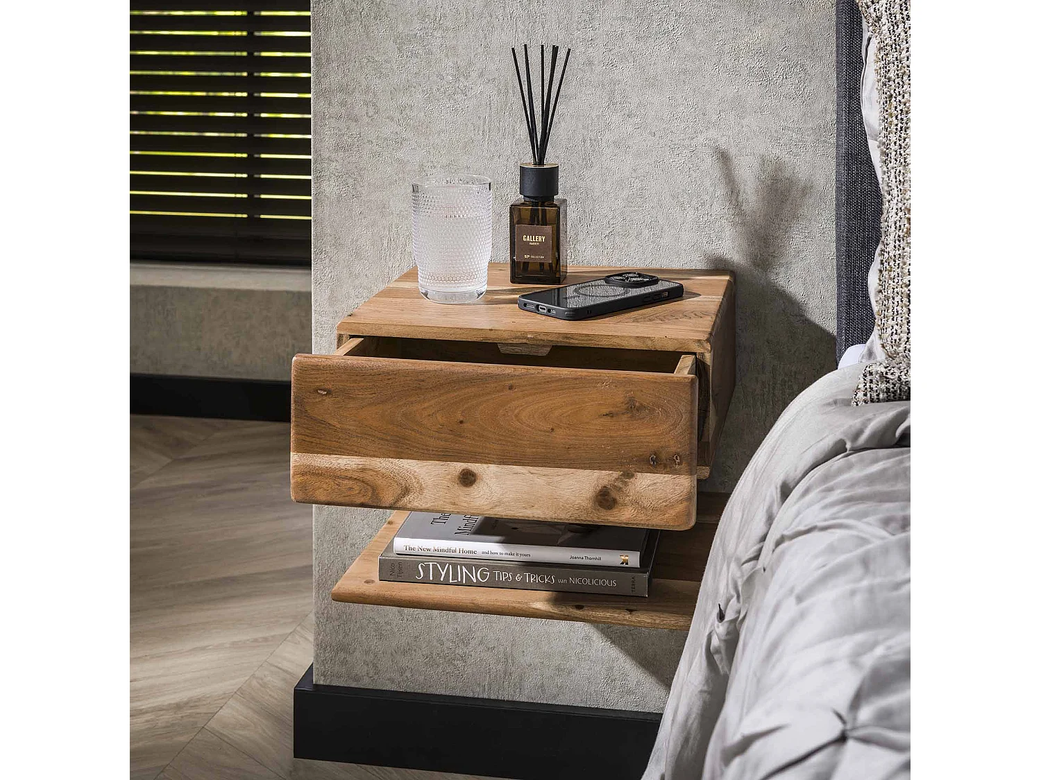 Table de chevet 1L Étagère - Acacia massif Naturel