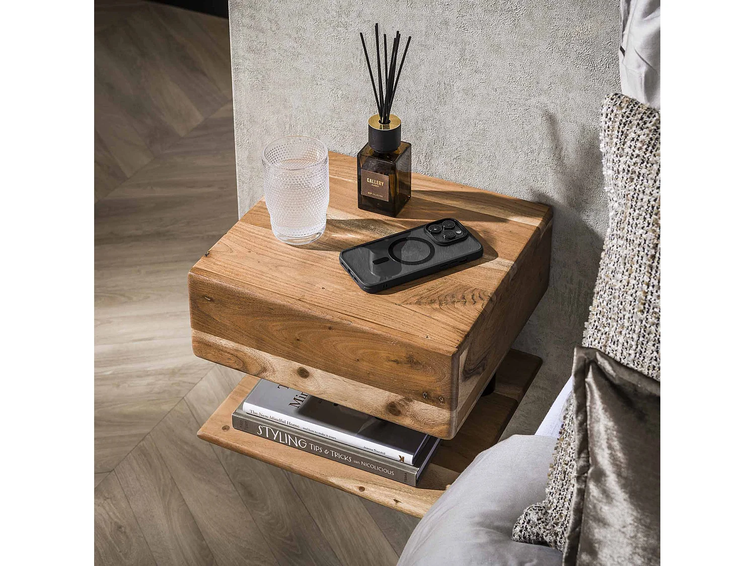 Table de chevet 1L Étagère - Acacia massif Naturel