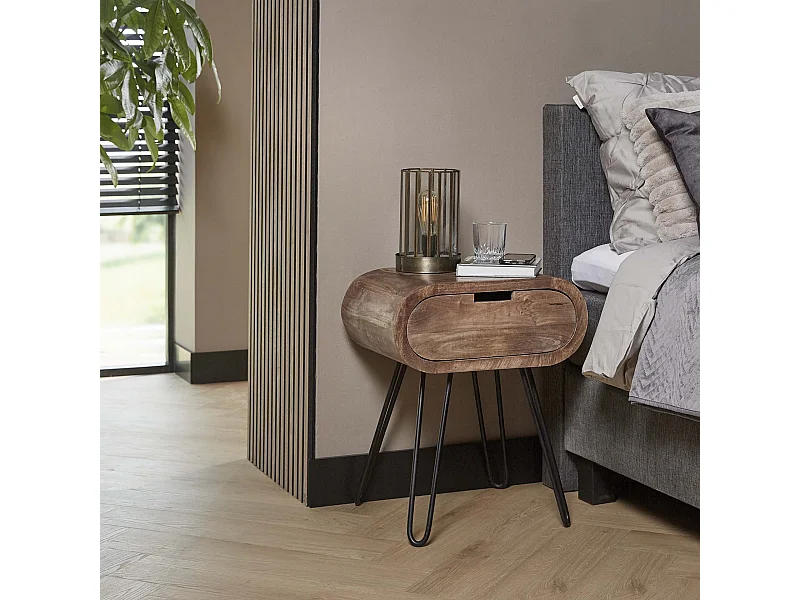 Table de chevet tonneau avec 1 tiroir - Marron - 50x35x60