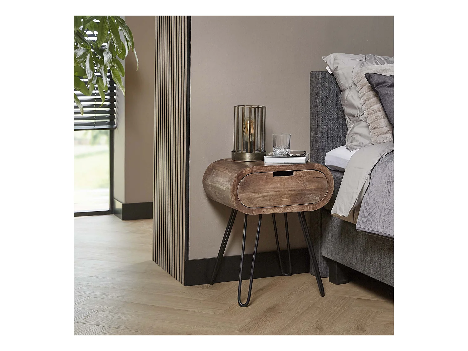 Table de chevet tonneau avec 1 tiroir - Marron - 50x35x60