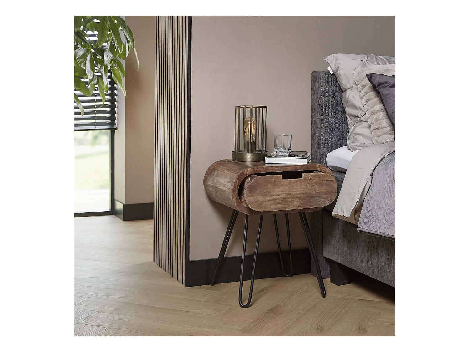 Table de chevet tonneau avec 1 tiroir - Marron - 50x35x60