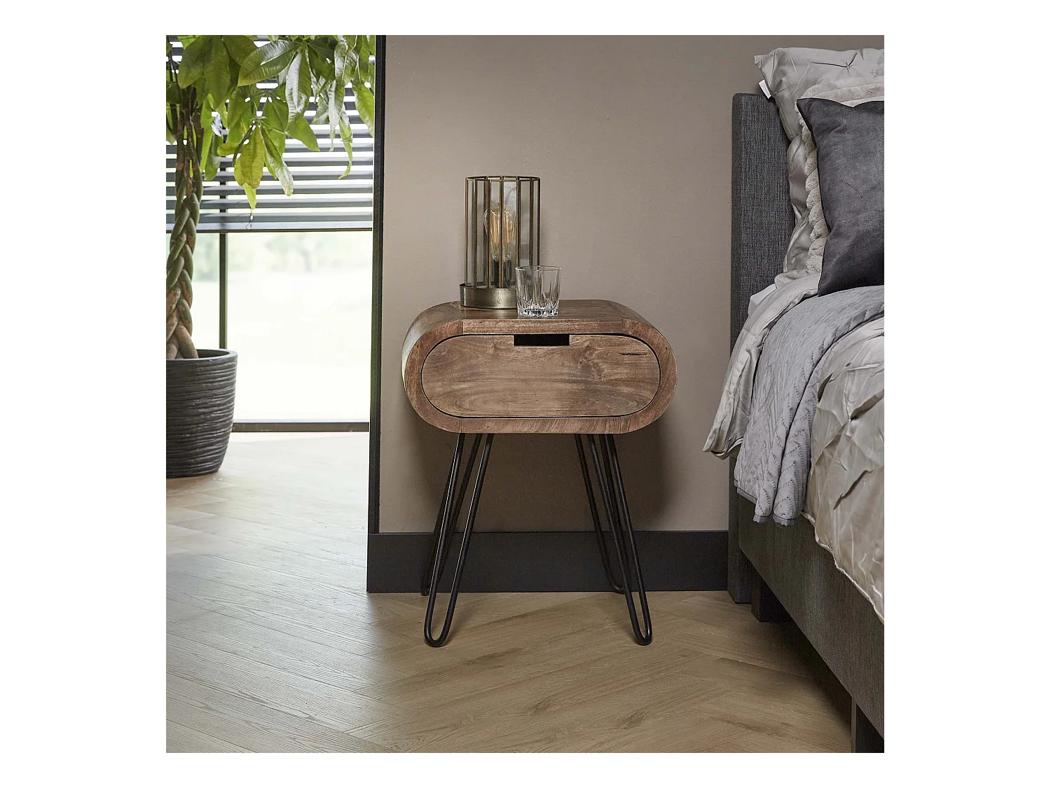 Table de chevet tonneau avec 1 tiroir - Marron - 50x35x60