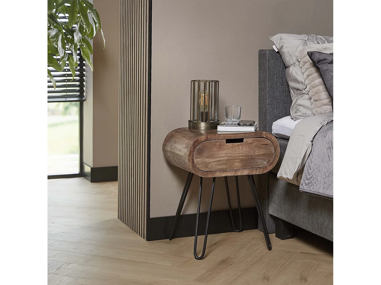 Table de chevet tonneau avec 1 tiroir - Marron - 50x35x60