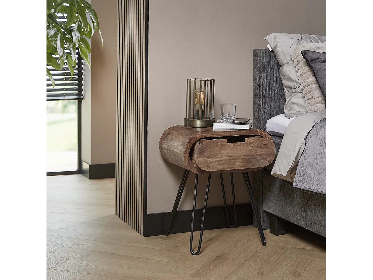 Table de chevet tonneau avec 1 tiroir - Marron - 50x35x60