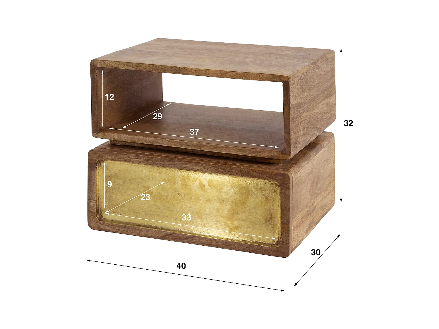 Table de chevet en laiton - Manguier massif noir - Largeur 40 cm