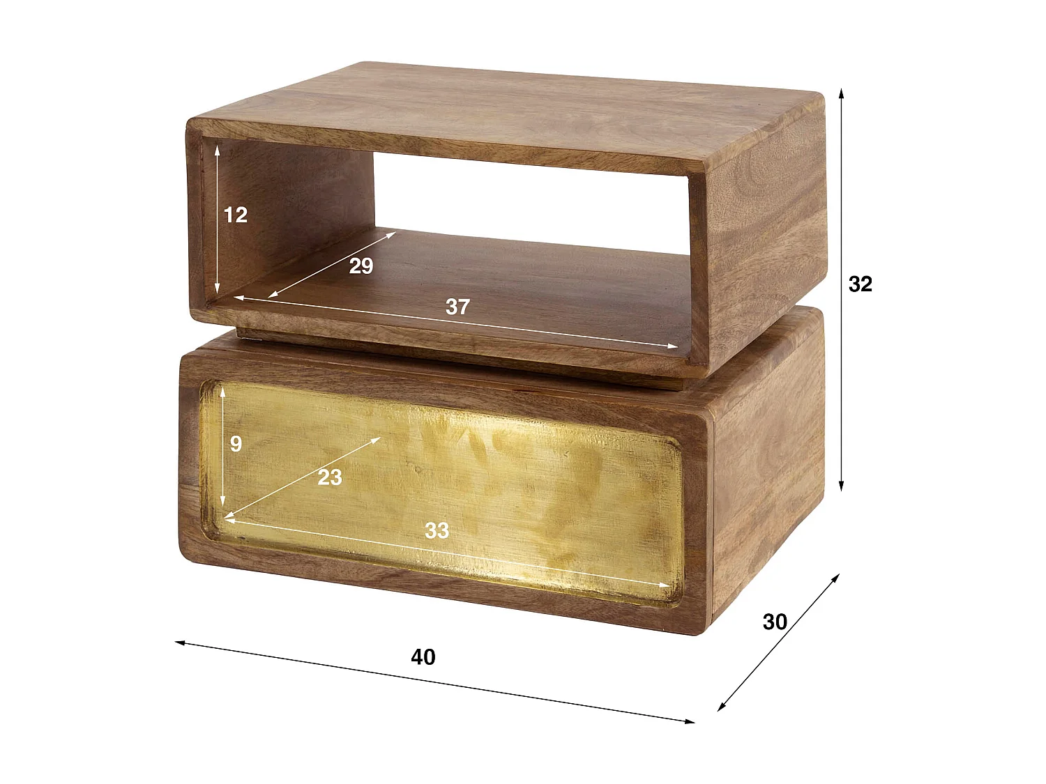 Table de chevet en laiton - Manguier massif noir - Largeur 40 cm