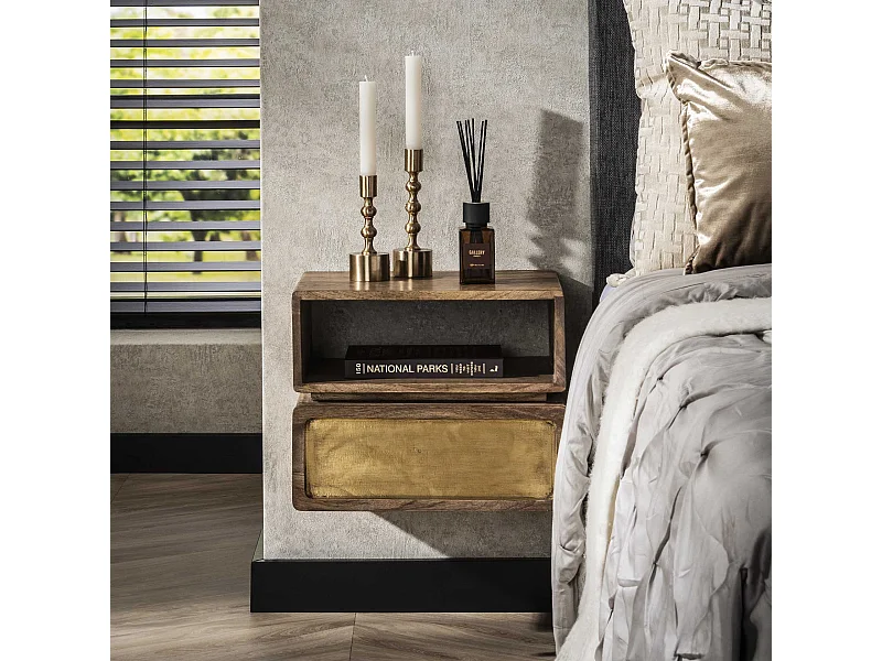 Table de chevet en laiton - Manguier massif noir - Largeur 40 cm