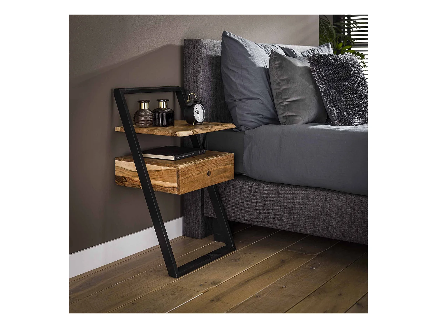 Table de chevet Lean - Noir/Marron - 45x35x77