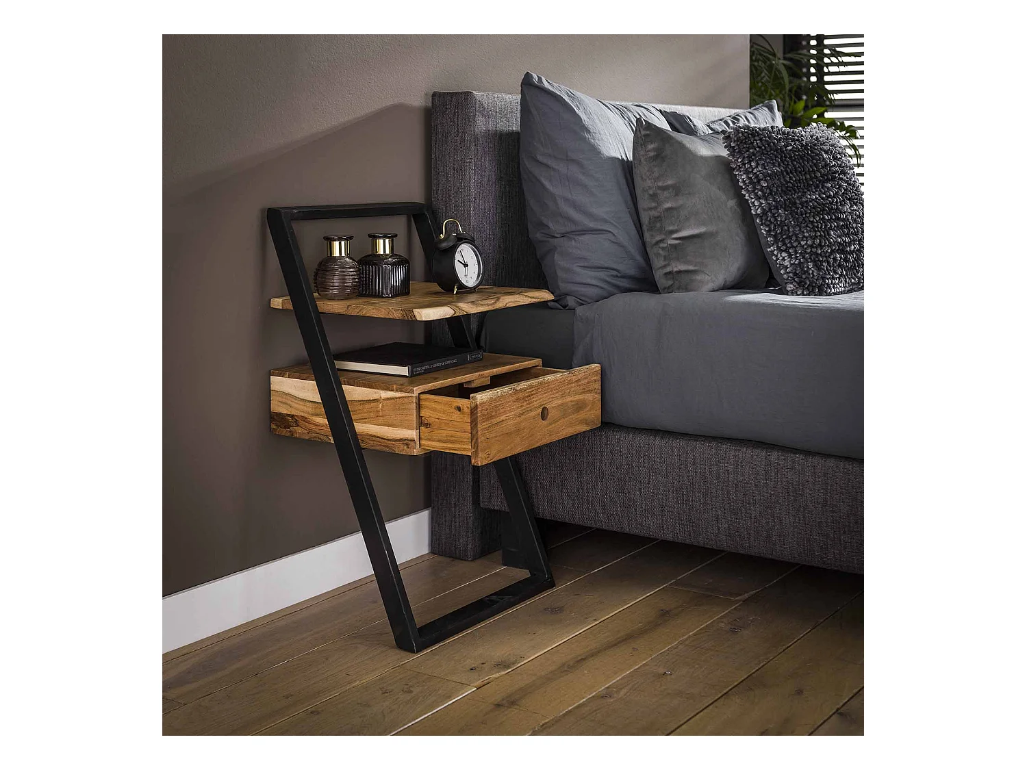 Table de chevet Lean - Noir/Marron - 45x35x77