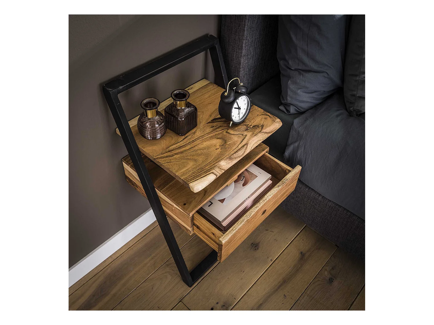 Table de chevet Lean - Noir/Marron - 45x35x77