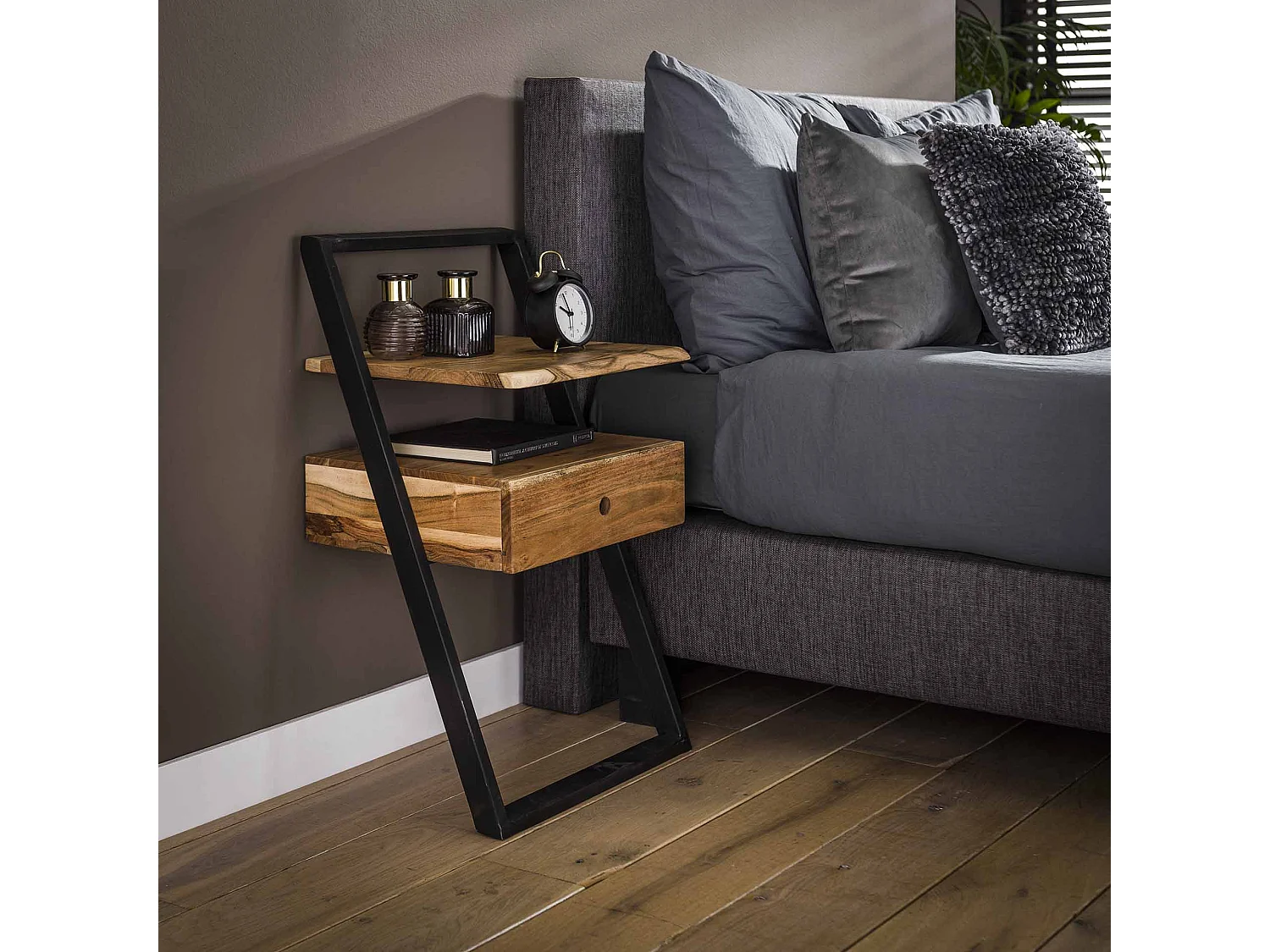 Table de chevet Lean - Noir/Marron - 45x35x77