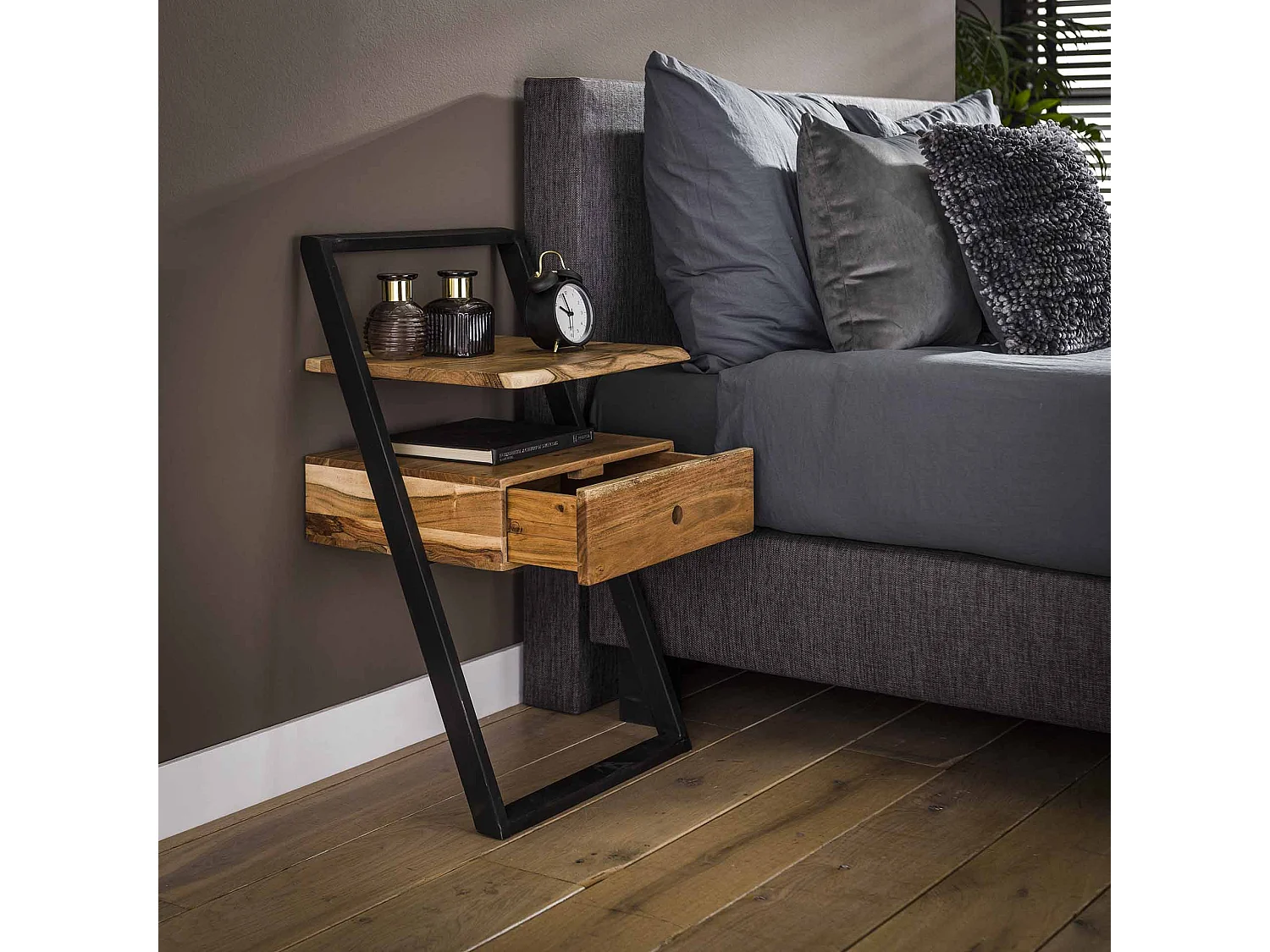 Table de chevet Lean - Noir/Marron - 45x35x77