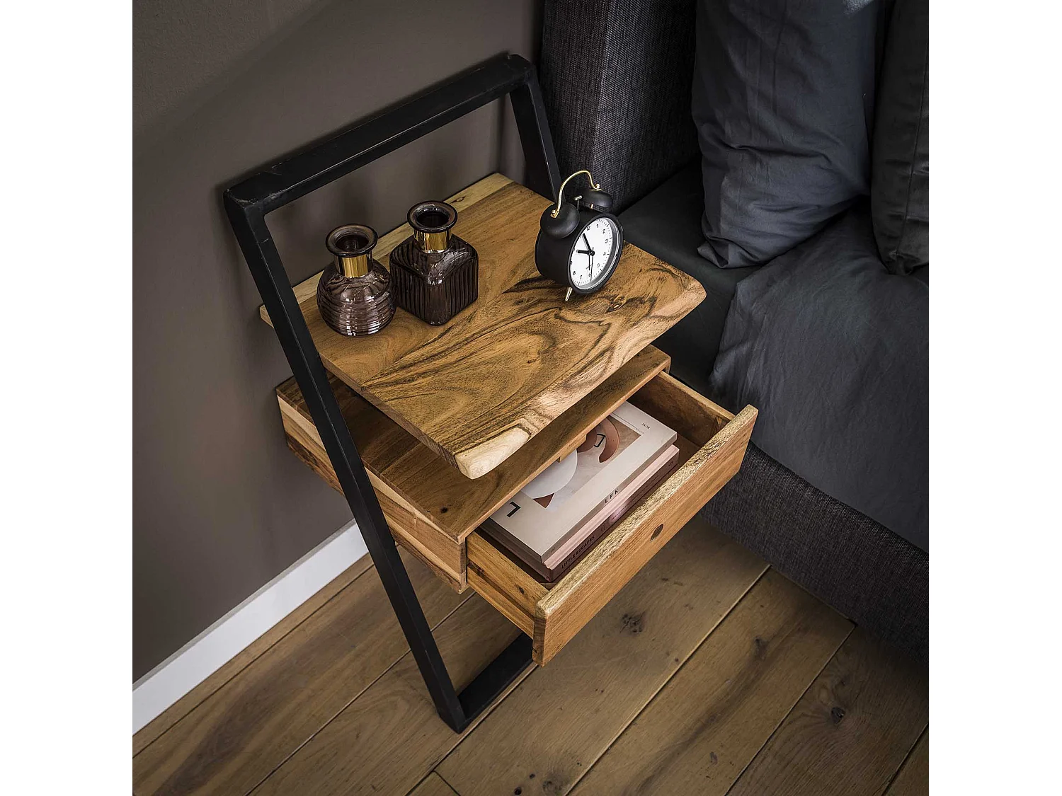 Table de chevet Lean - Noir/Marron - 45x35x77