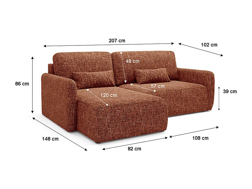 Canapé d'angle réversible et convertible 3 places avec coffre Lazare Terracotta