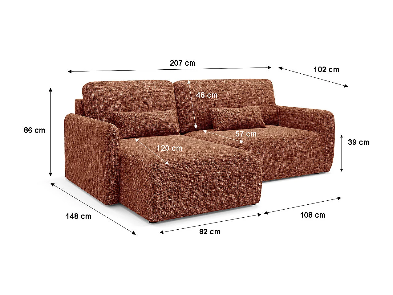 Canapé d'angle réversible et convertible 3 places avec coffre Lazare Terracotta