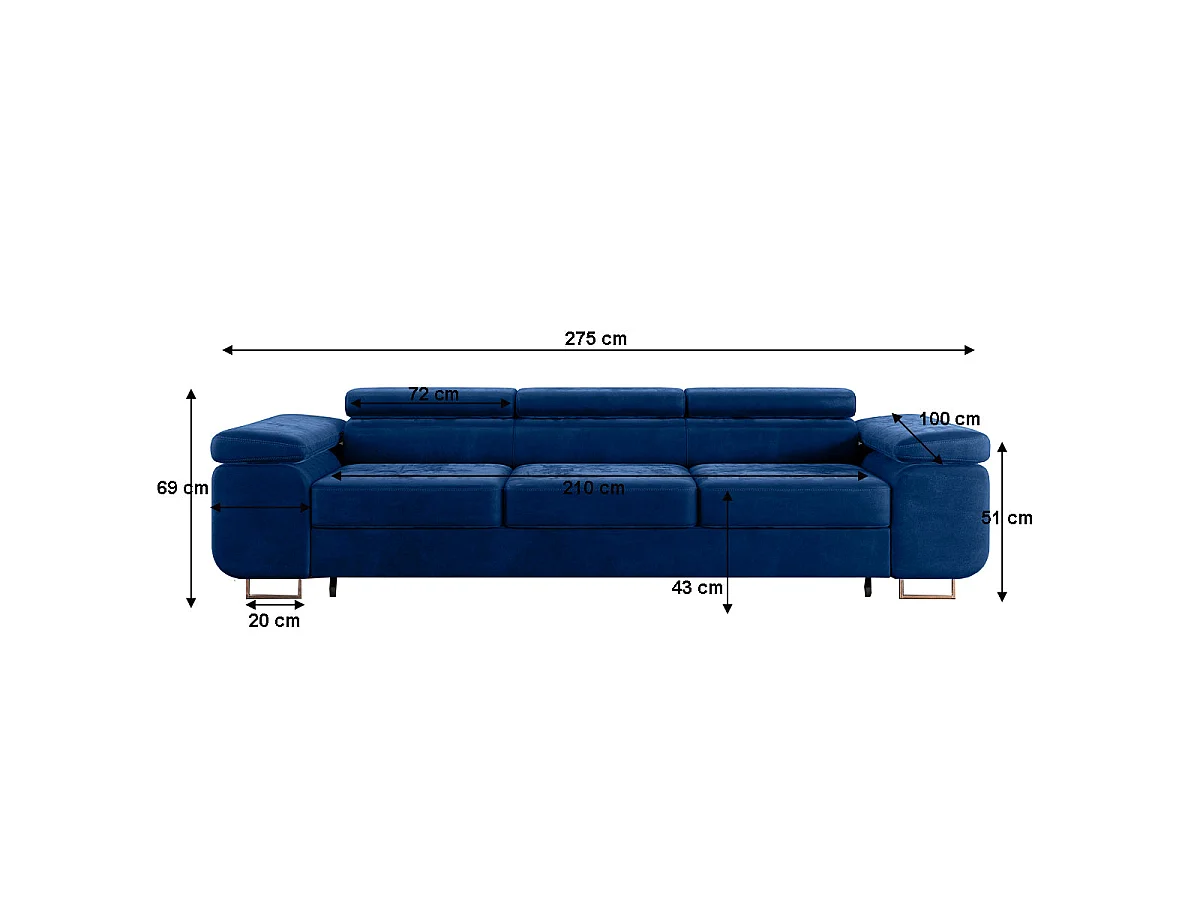 Canapé convertible 3 places en velours bleu LYAM