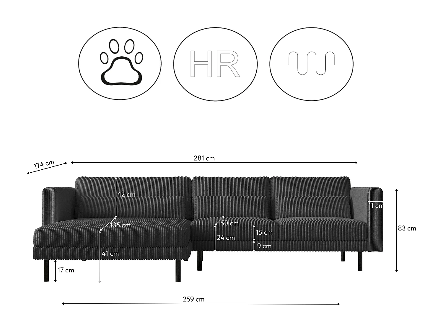 Ecksofa L-form Dani Stoff Poso Graphit Links