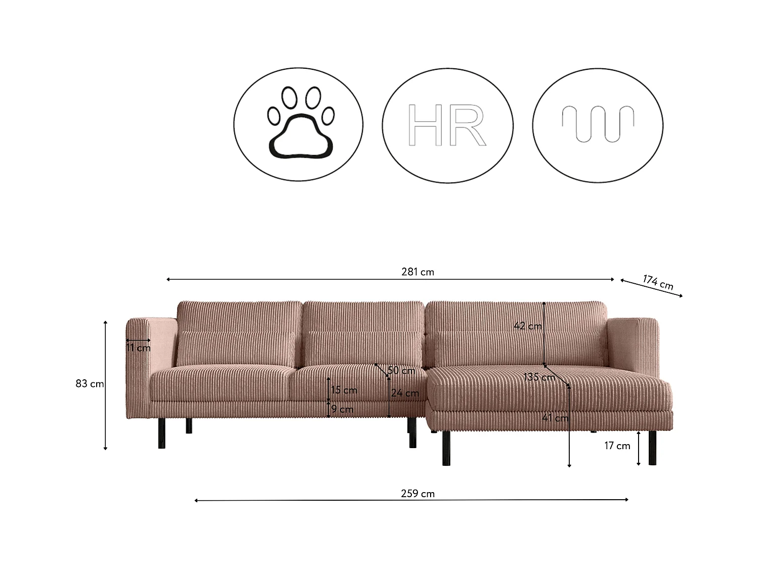 Ecksofa L-form Dani Stoff Poso Rosa Rechts
