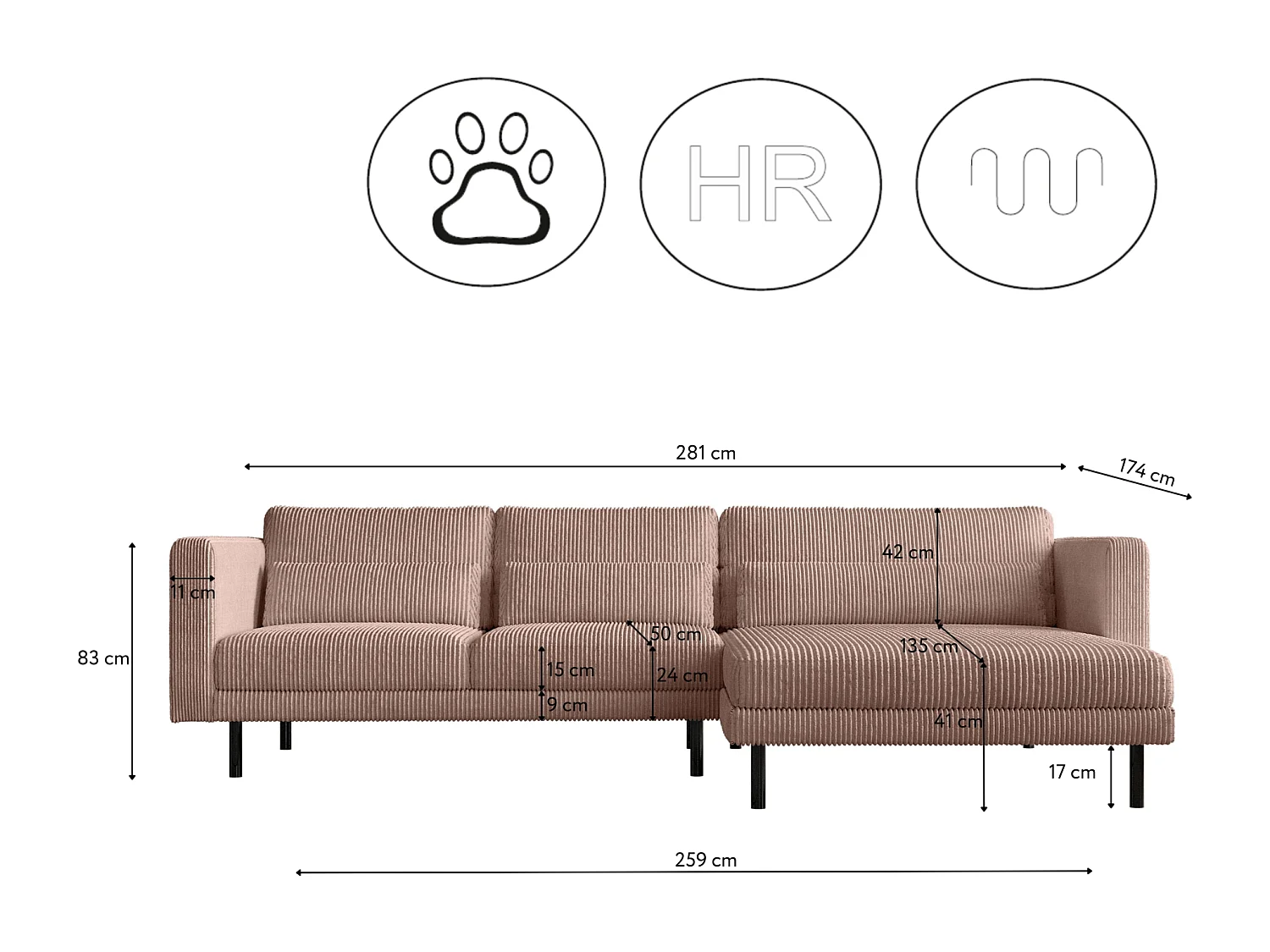 Ecksofa L-form Dani Stoff Poso Rosa Rechts