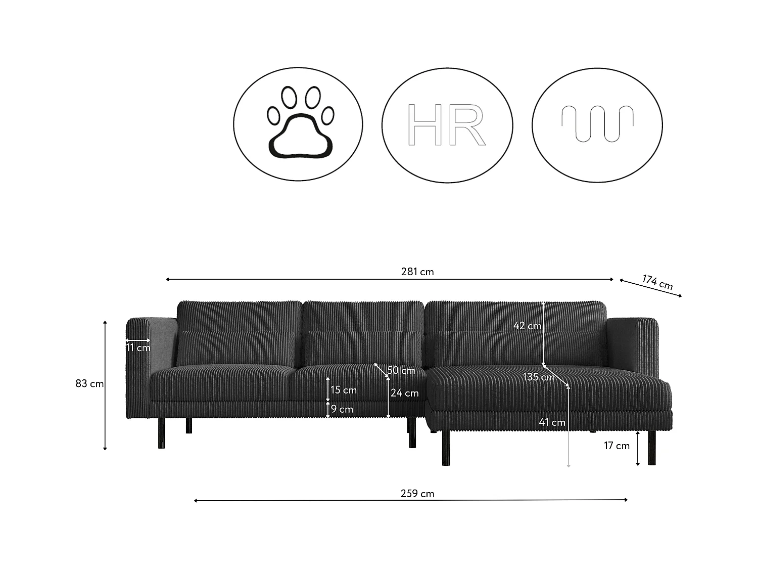 Ecksofa L-form Dani Stoff Poso Graphit Rechts