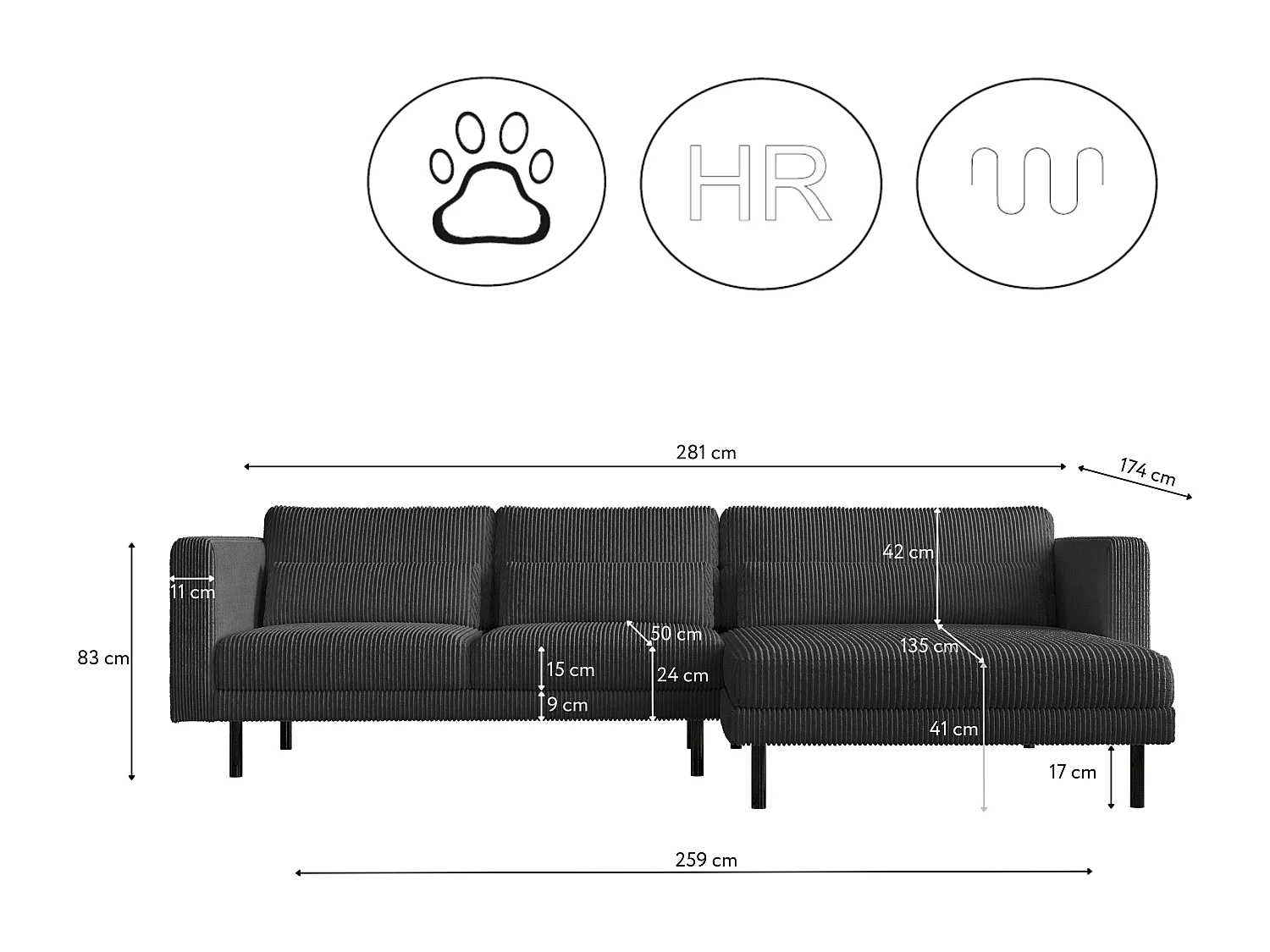 Ecksofa L-form Dani Stoff Poso Graphit Rechts