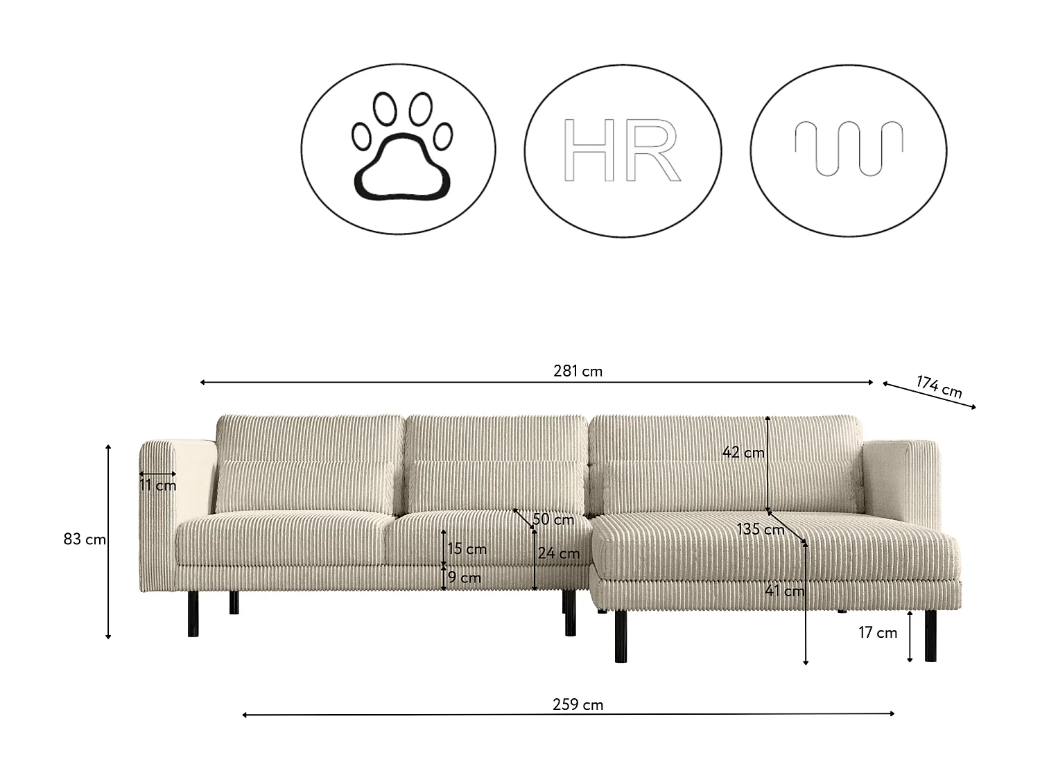 Canapé d'angle L-form Dani tissu Poso Beige Droite