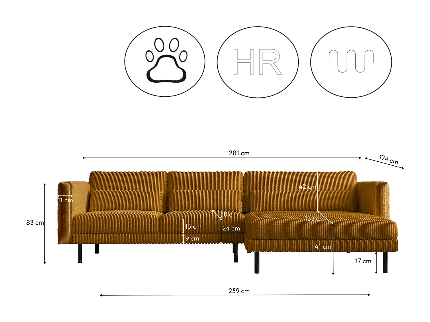 Ecksofa L-form Dani Stoff Poso Senffarbe Rechts