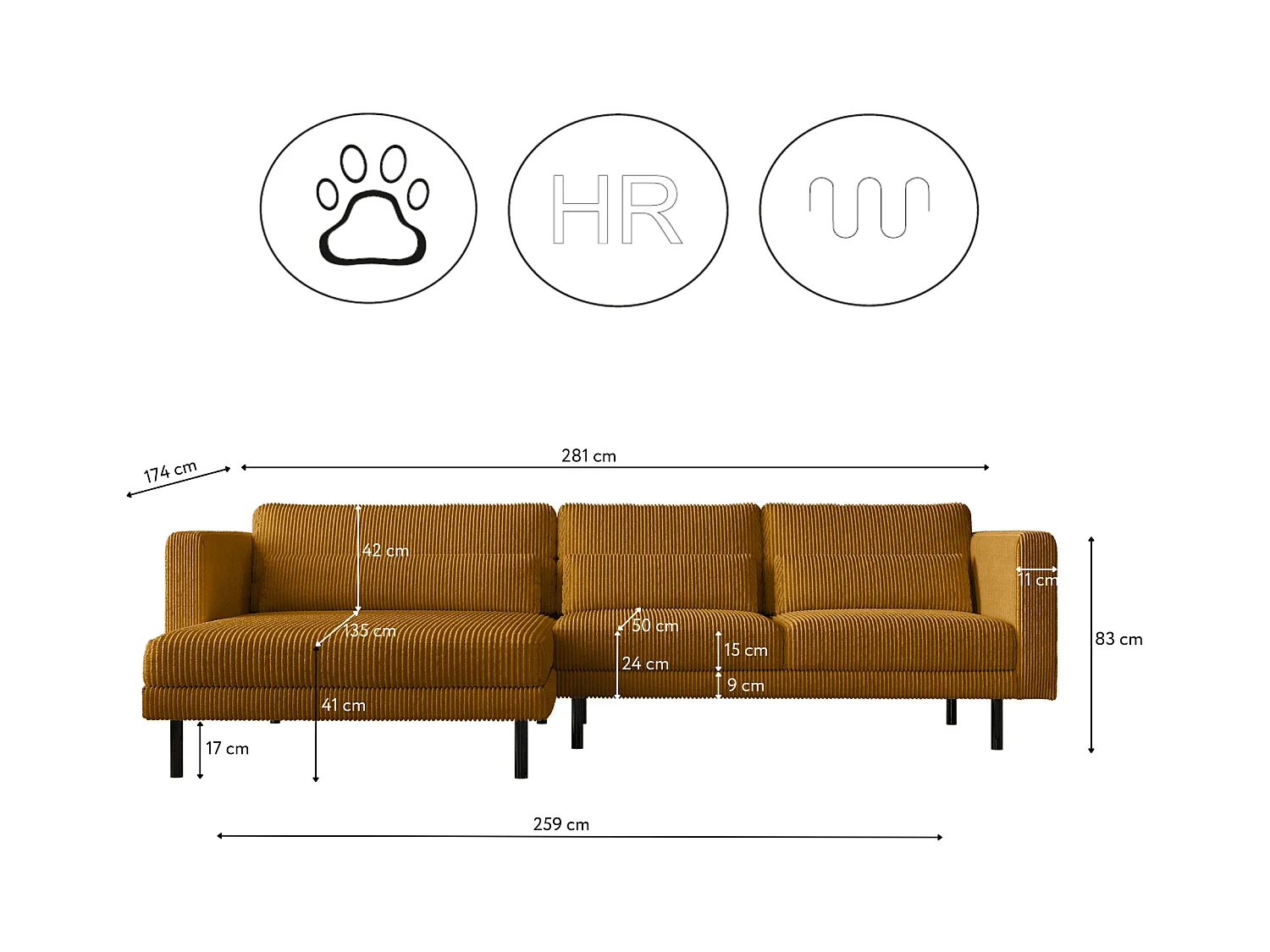Ecksofa L-form Dani Stoff Poso Senffarbe Links