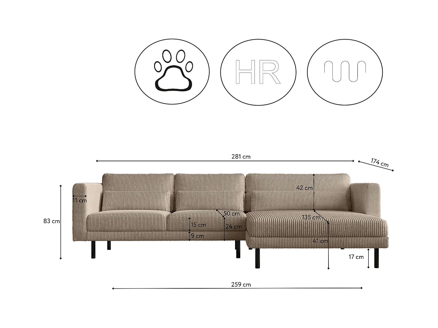 Ecksofa L-form Dani Stoff Poso Dunkelbeige Rechts