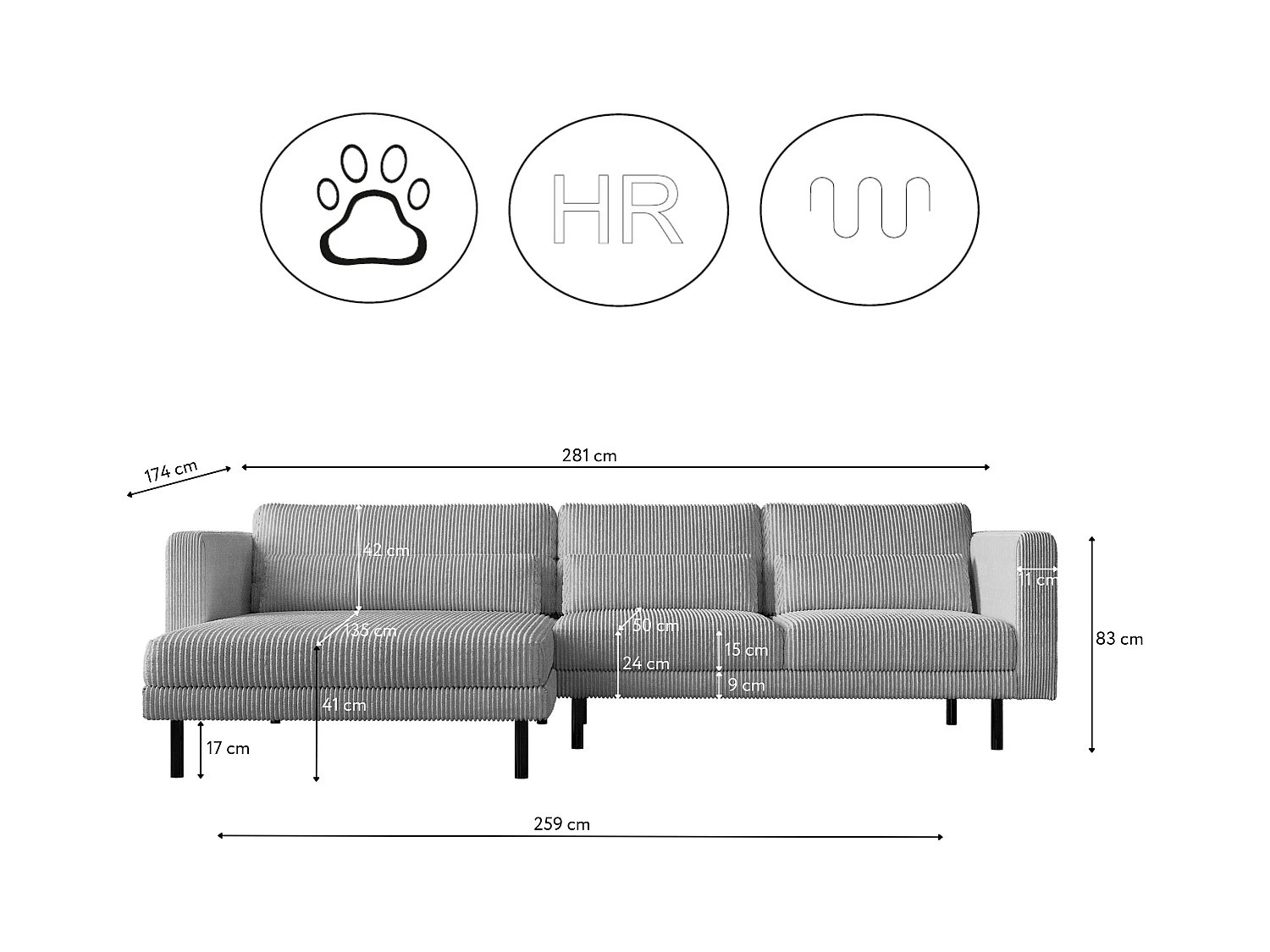 Ecksofa L-form Dani Stoff Poso Silber Links