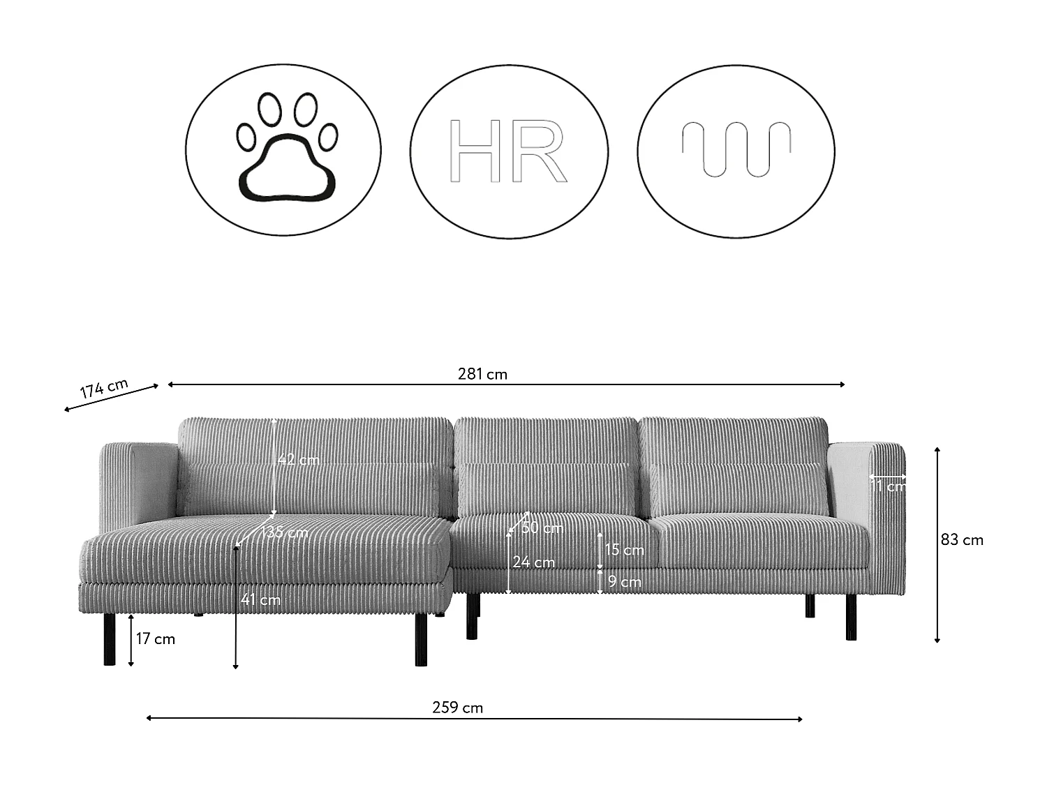Ecksofa L-form Dani Stoff Poso Silber Links