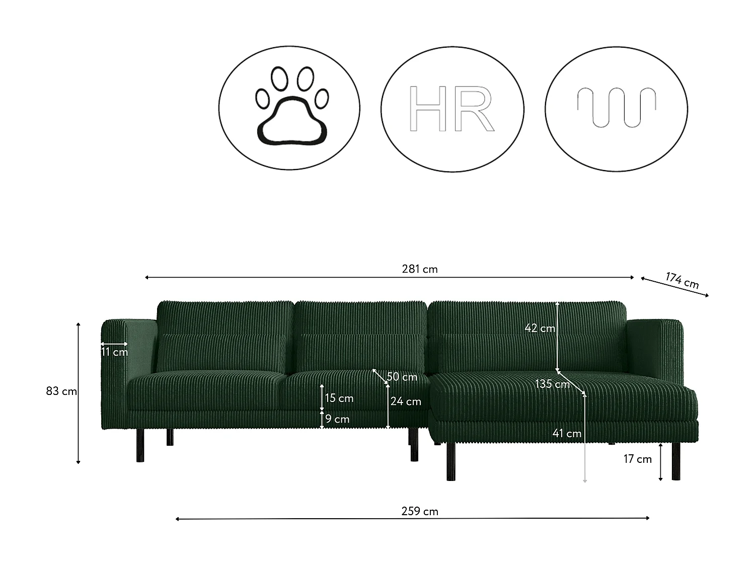 Canapé d'angle L-form Dani tissu Poso Green Right