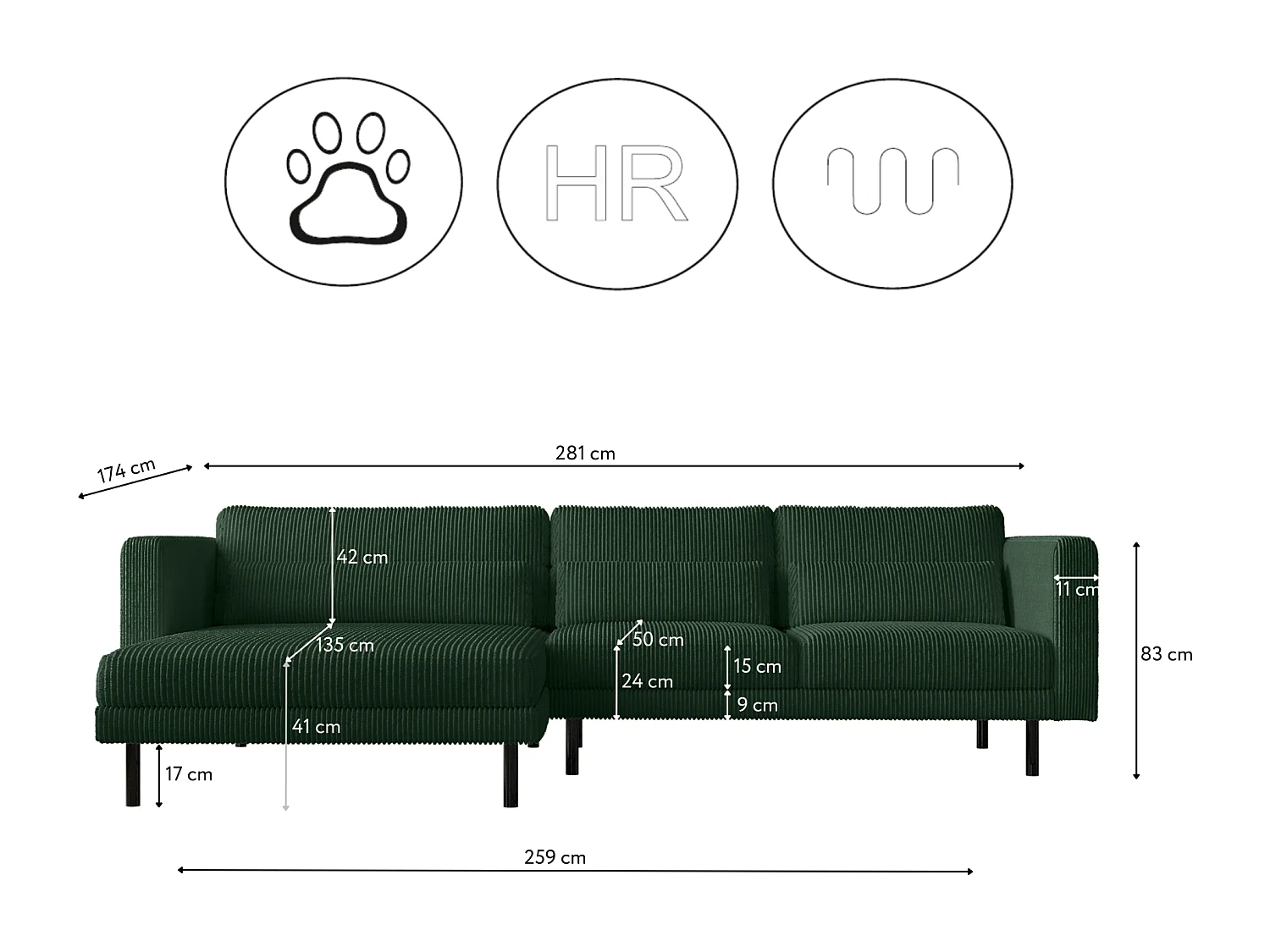 Ecksofa L-form Dani Stoff Poso Grün Links