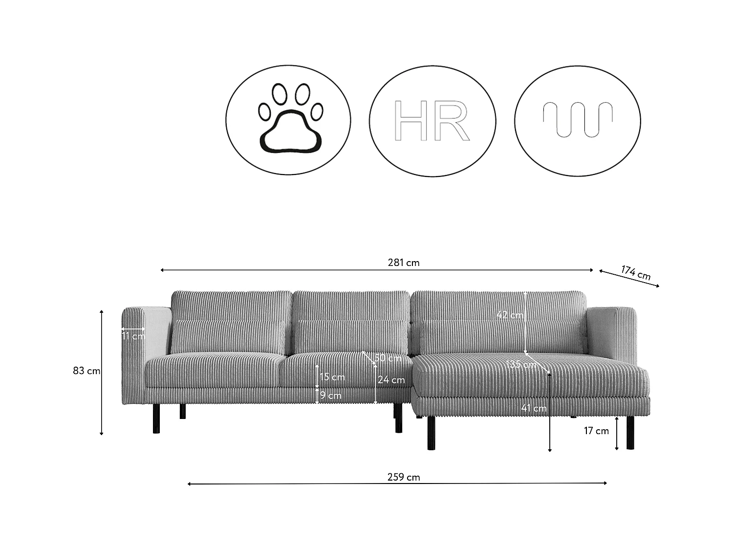 Ecksofa L-form Dani Stoff Poso Silber Rechts