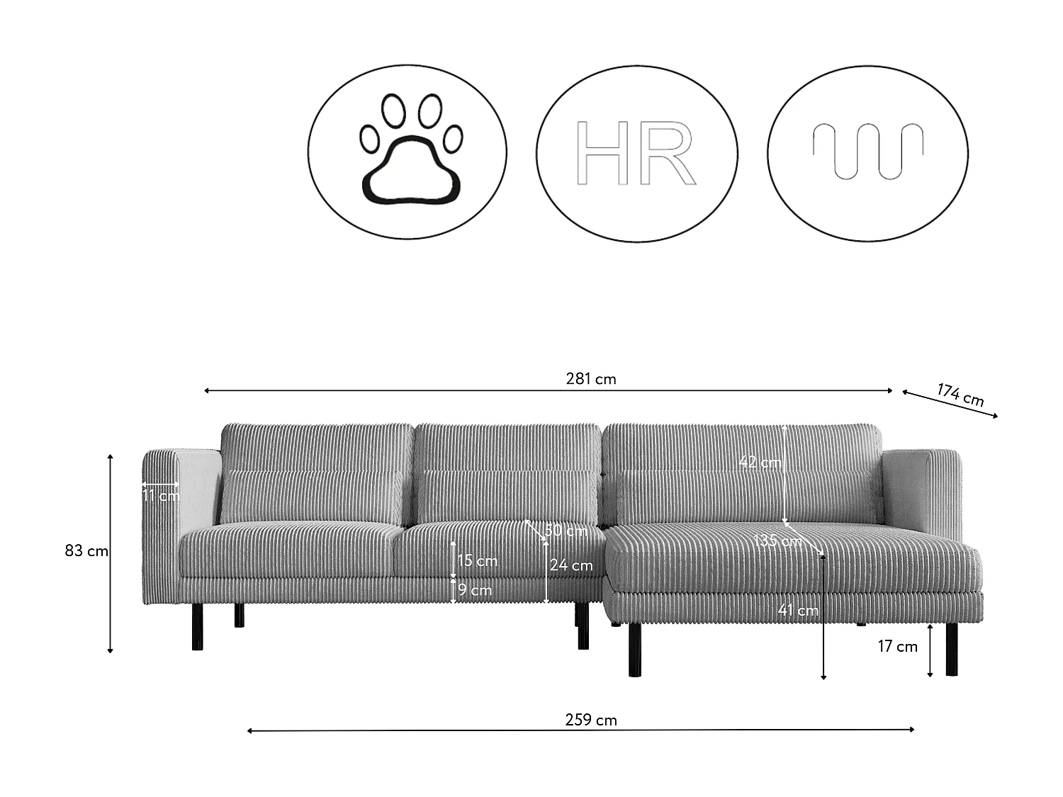 Canapé d'angle L-form Dani tissu Poso Silver Droite