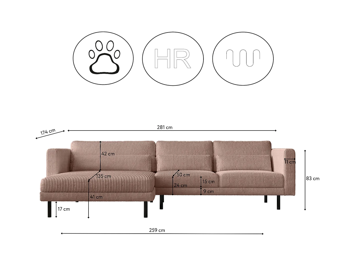 Ecksofa L-form Dani Stoff Poso Rosa Links