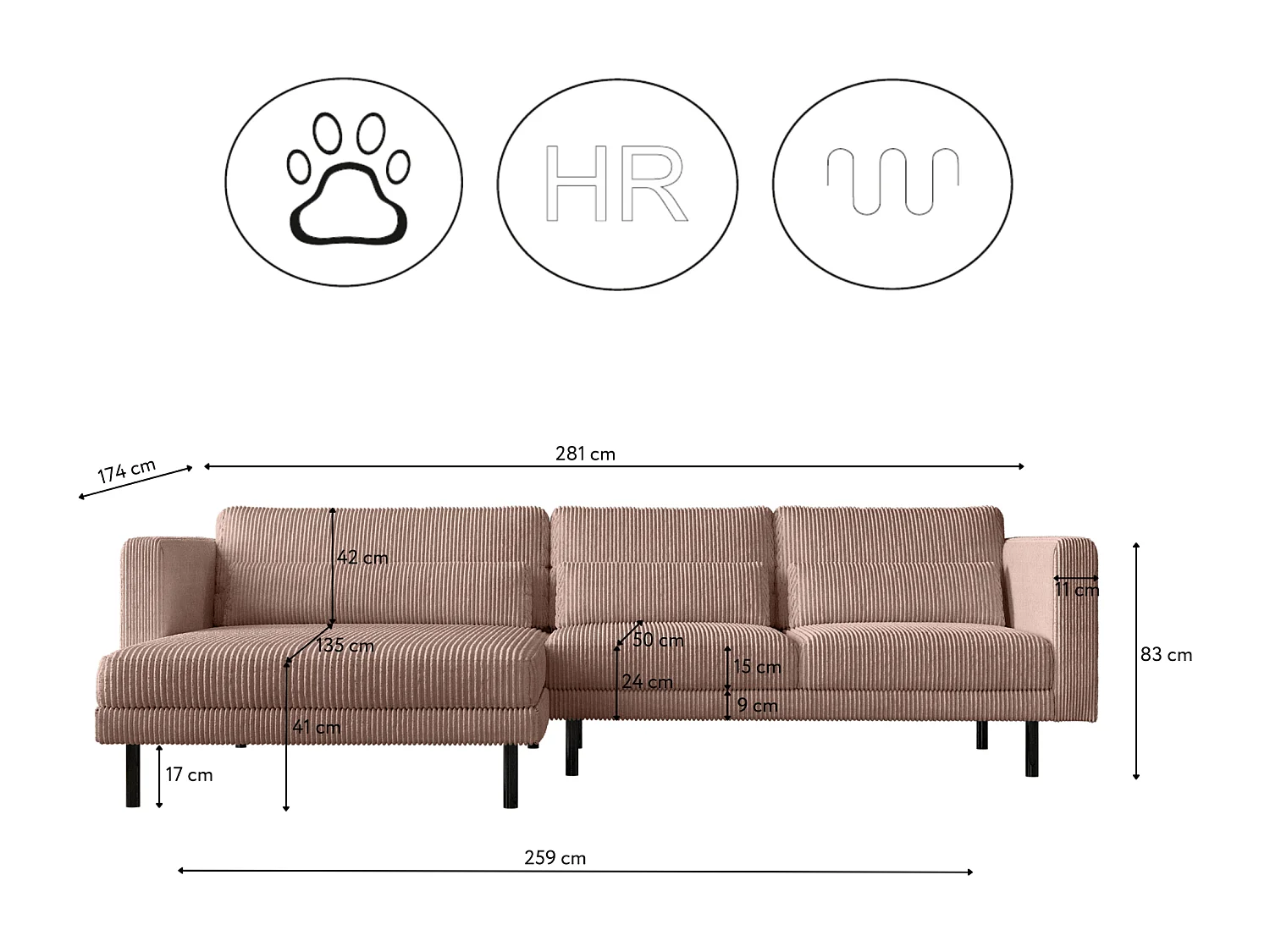 Ecksofa L-form Dani Stoff Poso Rosa Links