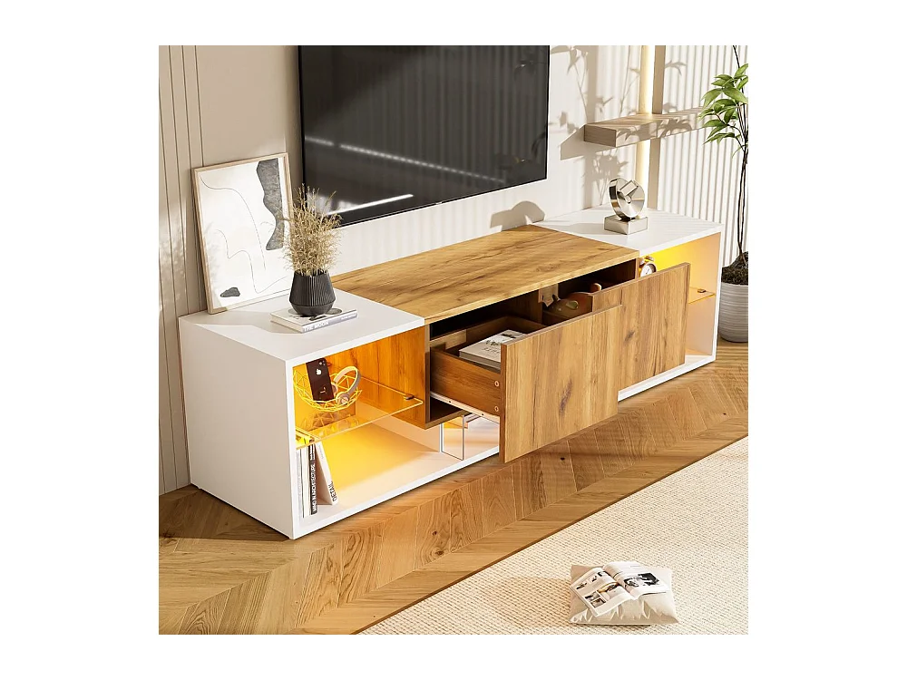 Meuble TV 3 niveaux chêne blanc antique design industriel Plateaux verre sécurisé 2 tiroirs fermeture douce