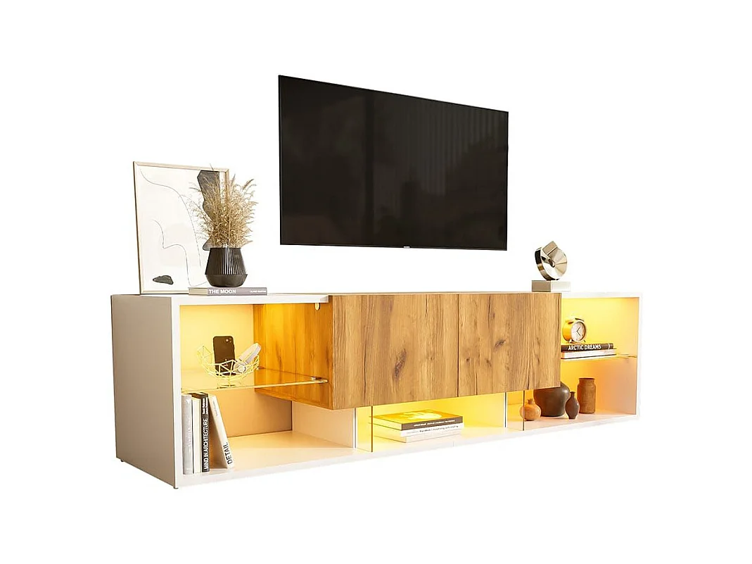 Meuble TV 3 niveaux chêne blanc antique design industriel Plateaux verre sécurisé 2 tiroirs fermeture douce