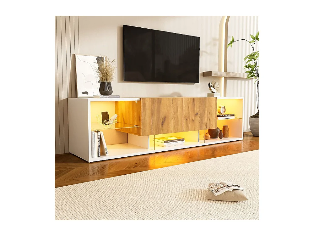 Meuble TV 3 niveaux chêne blanc antique design industriel Plateaux verre sécurisé 2 tiroirs fermeture douce