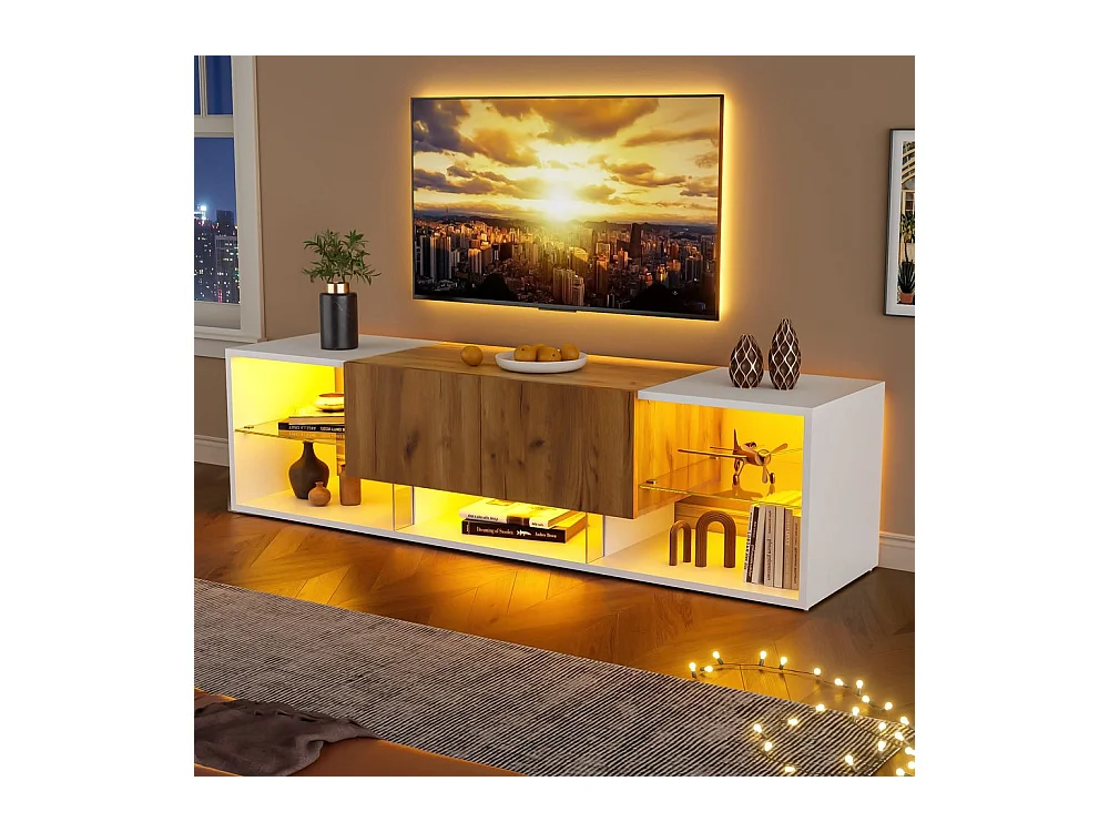 Meuble TV 3 niveaux chêne blanc antique design industriel Plateaux verre sécurisé 2 tiroirs fermeture douce