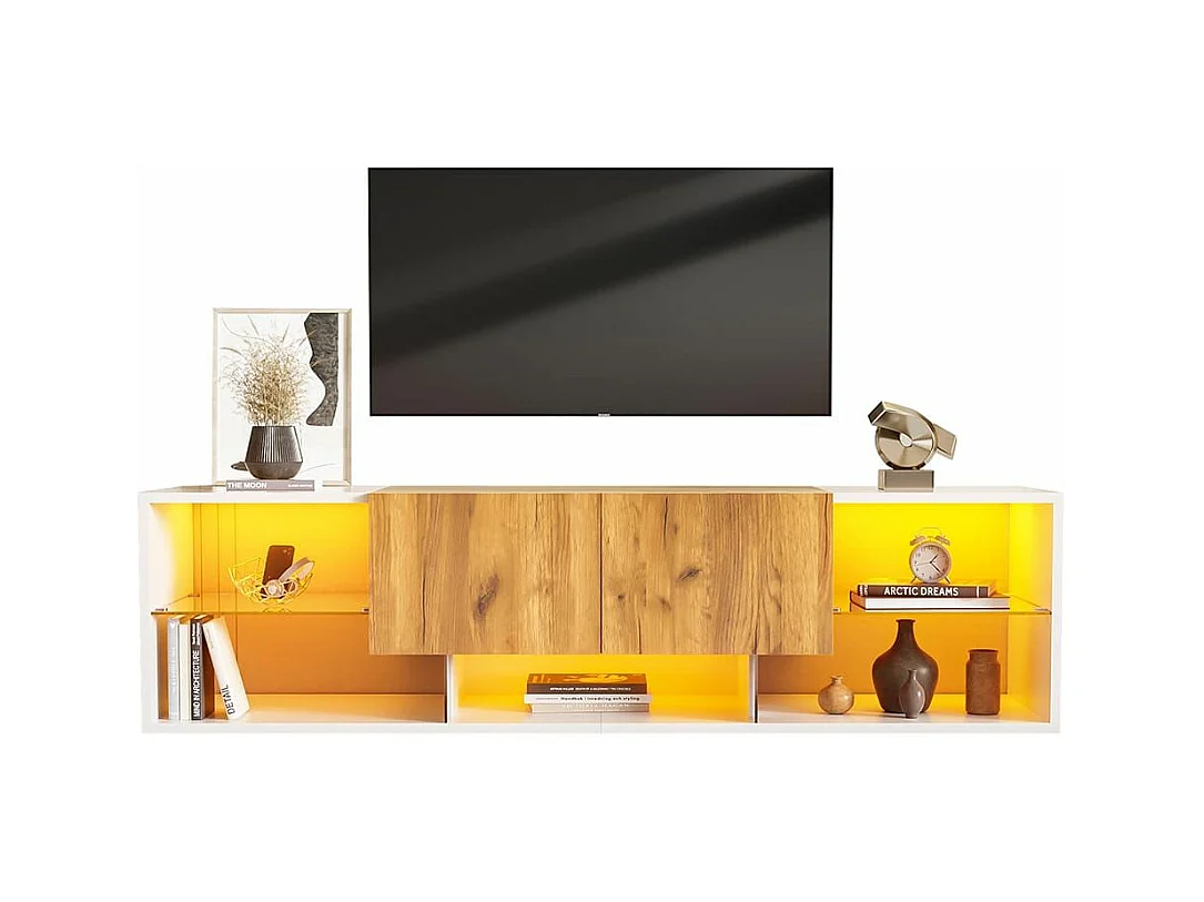 Meuble TV 3 niveaux chêne blanc antique design industriel Plateaux verre sécurisé 2 tiroirs fermeture douce