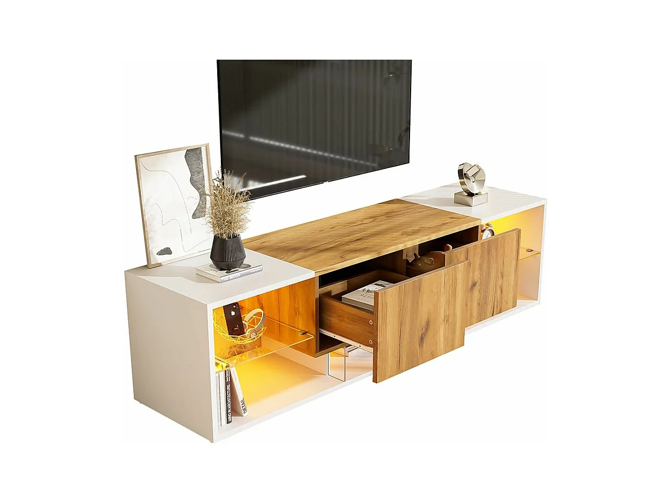 Meuble TV 3 niveaux chêne blanc antique design industriel Plateaux verre sécurisé 2 tiroirs fermeture douce