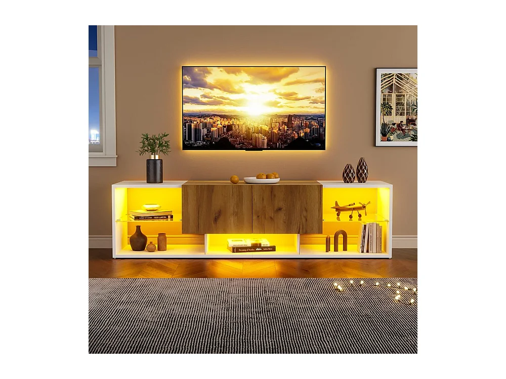 Meuble TV 3 niveaux chêne blanc antique design industriel Plateaux verre sécurisé 2 tiroirs fermeture douce