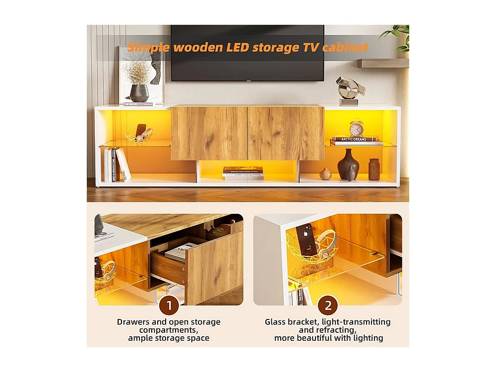 Meuble TV 3 niveaux chêne blanc antique design industriel Plateaux verre sécurisé 2 tiroirs fermeture douce