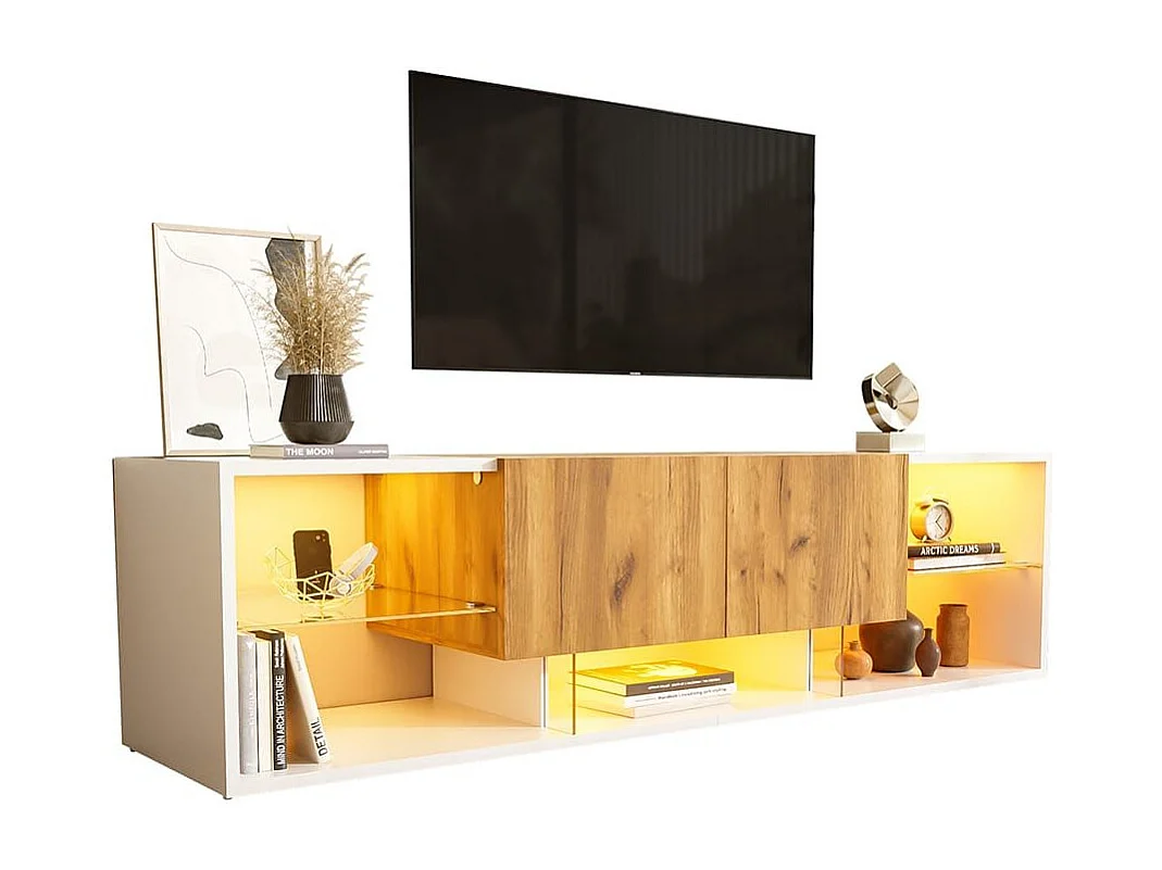 Tv-meubel met 3 niveaus in antiek wit eiken, industrieel design Veilige glazen planken, 2 lades met softclose