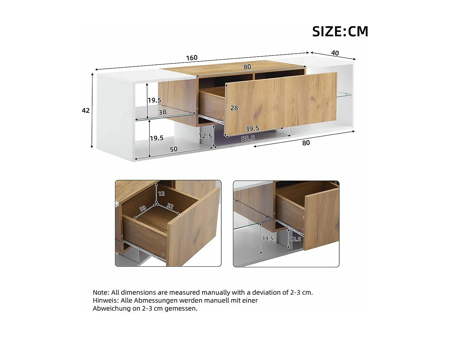 Tv-meubel met 3 niveaus in antiek wit eiken, industrieel design Veilige glazen planken, 2 lades met softclose